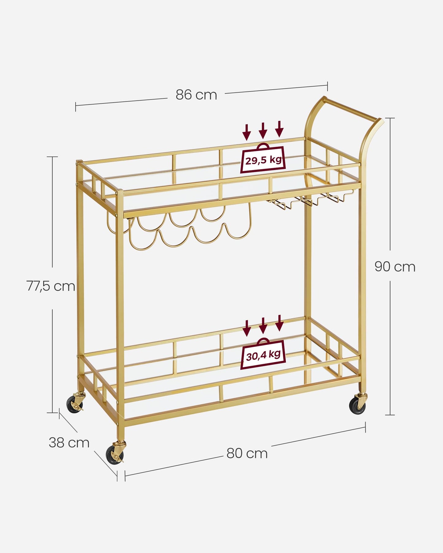 VASAGLE serving cart, rolling cart, glass holder, 2 mirrored glass shelves, bar cart, wine cart, for kitchen, dining room, bar, gold color LRC090A03