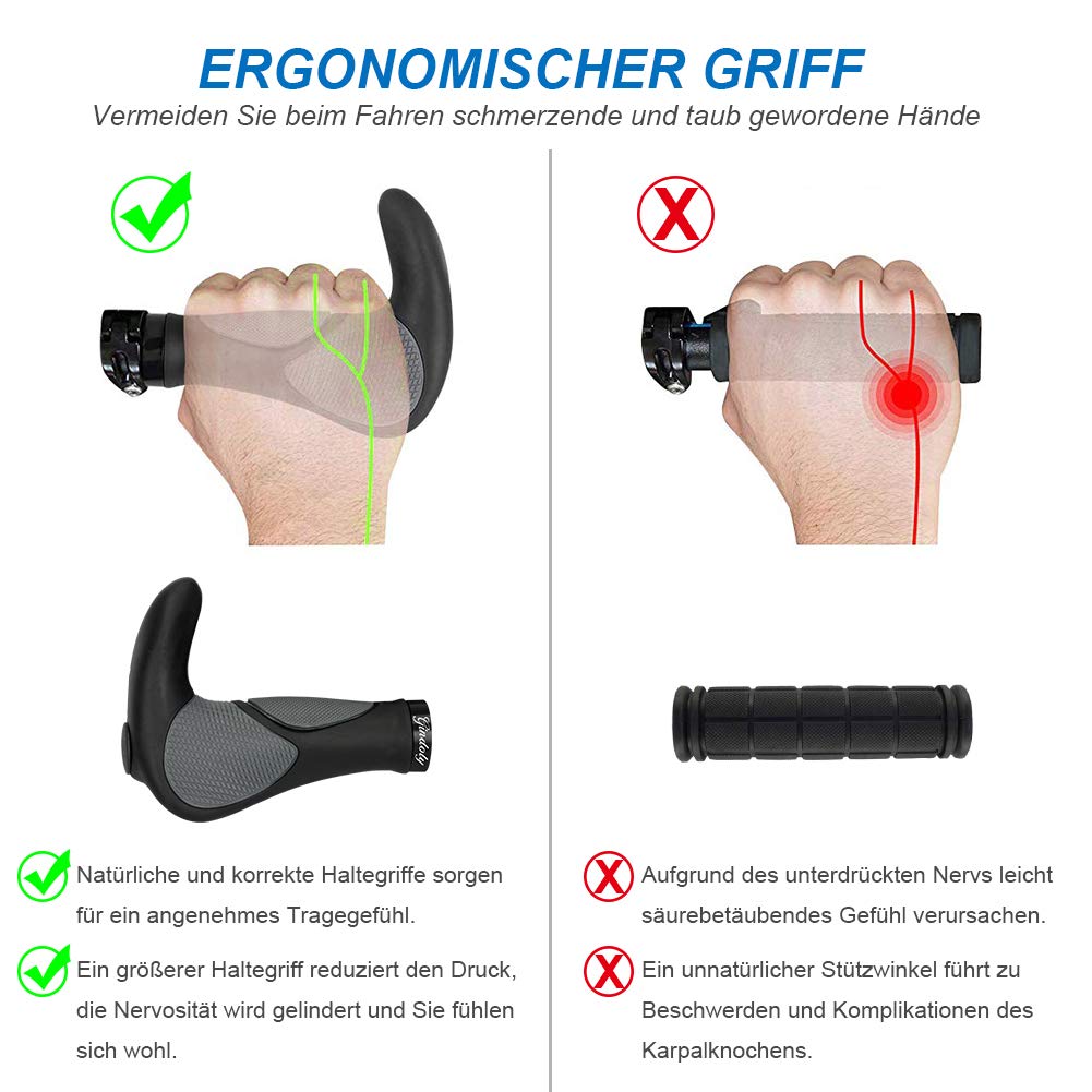 Gindoly bike grips are ergonomically designed for all types of handlebars, providing perfect grip security. These non-slip handlebar grips are suitable for MTB bikes and come in black/gray.