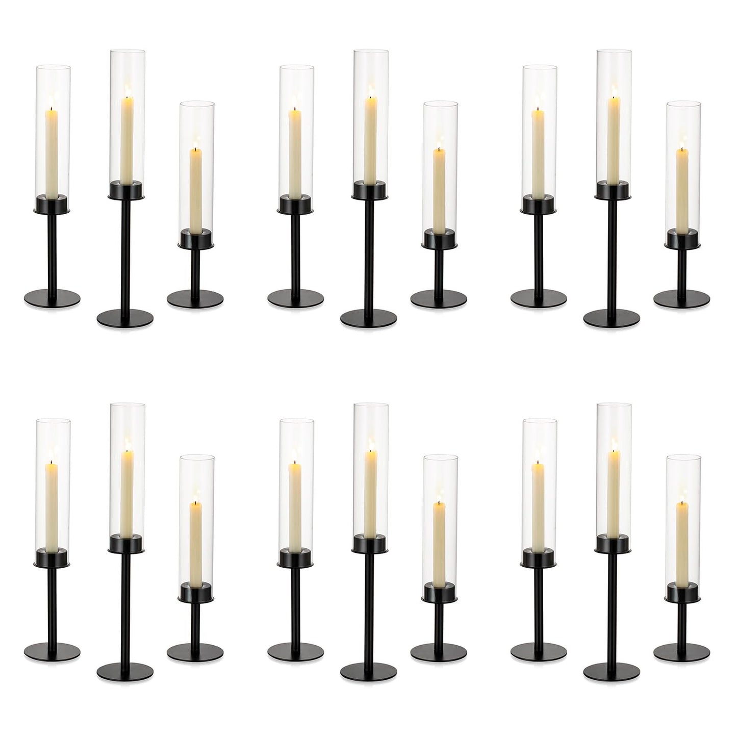 Nuptio Glass Cylinder Candle Holder Metal Black - 18 pieces Cone Candle Stand Taper Candle Pack for Candles, Clear Glass Hurricane Shade Top Candle Modern Wedding Christmas Table Dinner
