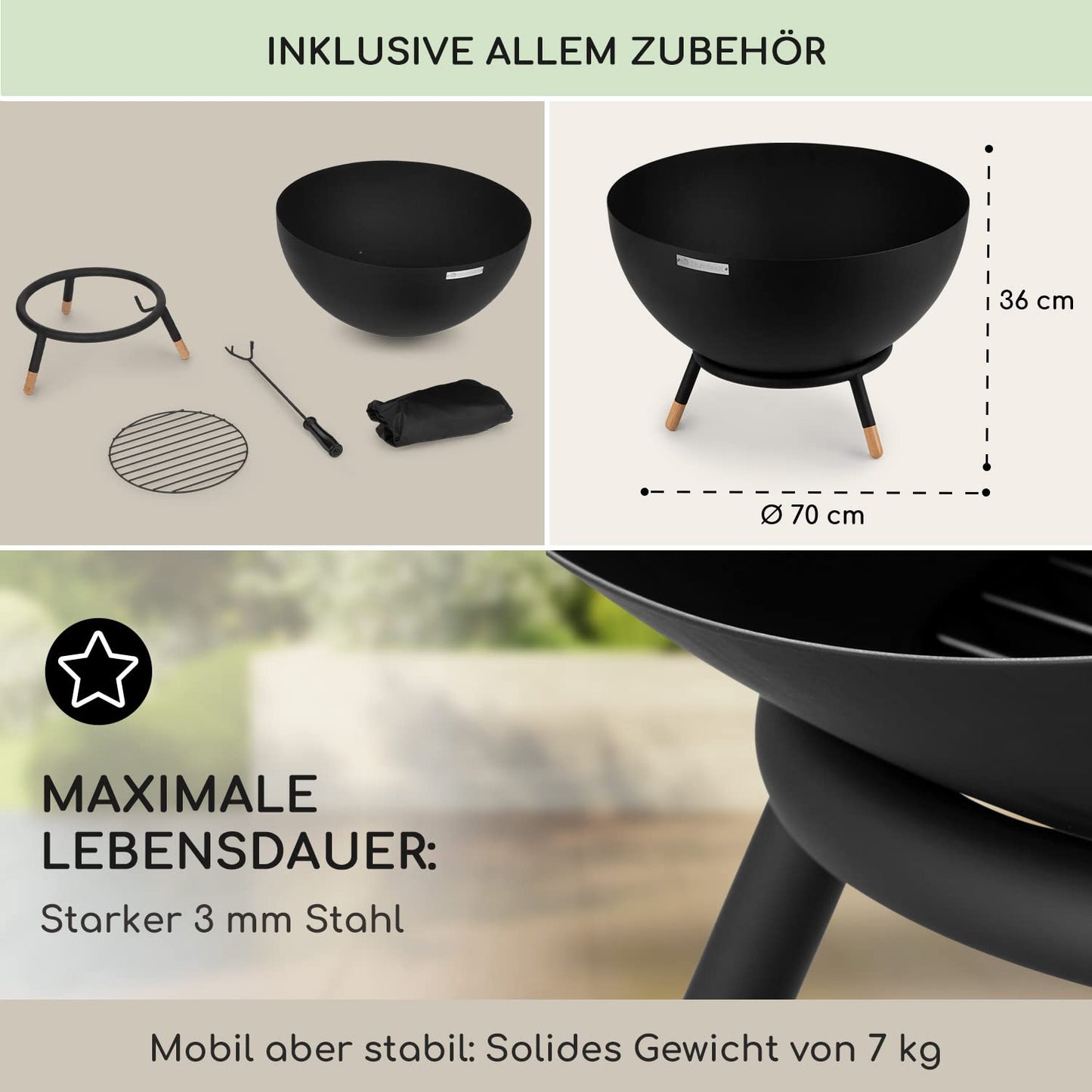 Blumfeldt Fire Pit, outdoor fire pit with 3-leg stand, tiltable fire bowls for garden & balcony, camping fire pit large, weatherproof garden fire pit, fire bowls 50x75x50 cm