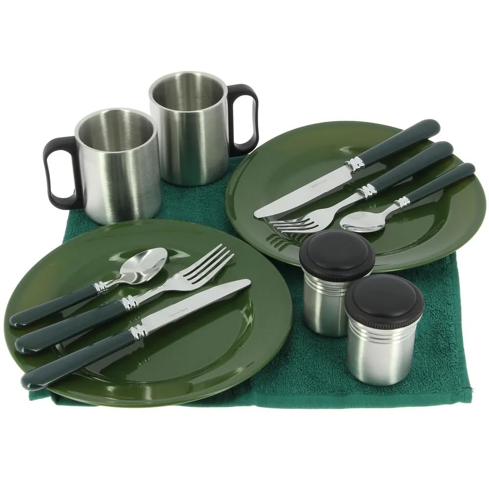 13-piece Deluxe G8DS® camping cookware, cups, and utensils for 2 people. Cookware camping utensil set for survival outdoor use.