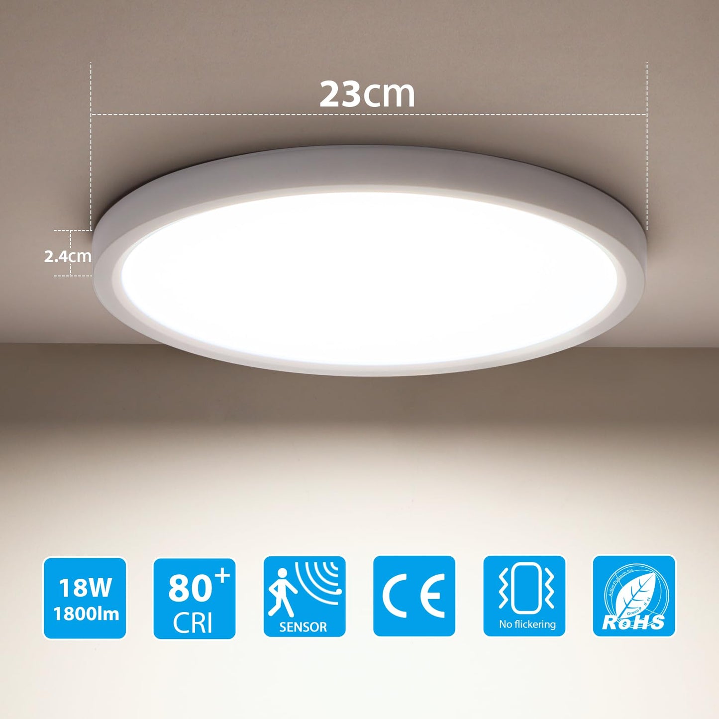 OPPEARL [4 pieces lamp with motion sensor indoor 23CM, 18W ceiling light with motion sensor round, 4000K LED ceiling lamp motion sensor as hallway light, balcony/garage/cellar/storage room lamp.