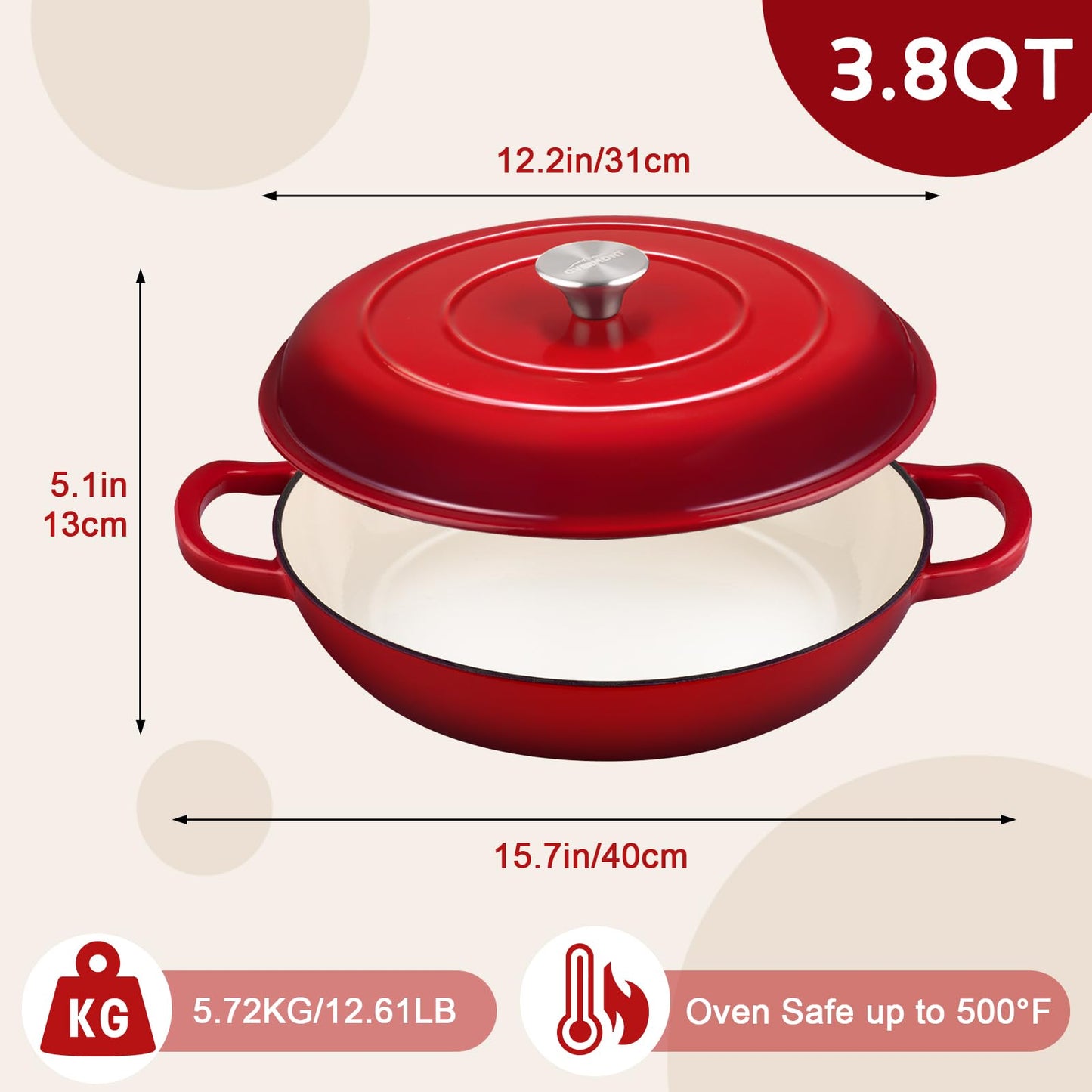 Overmont Dutch Oven Cast Iron Pot 30cm - Enamel Roaster with Lid oven suitable - with cooking book - for kitchen baking stewing roasting Red
