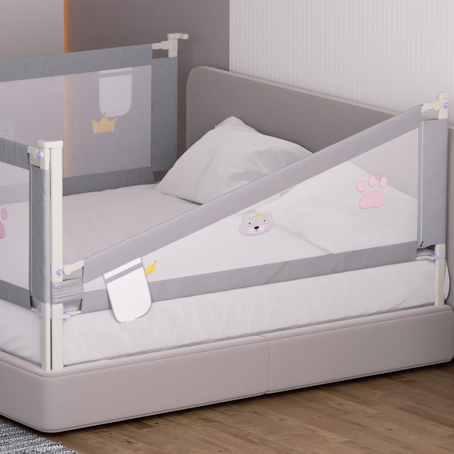 Jopassy bed rail 200cm, height adjustable 70-98 cm, toddler bed guardrail, safety rail with pattern, stable construction, bed rail with mesh, gray