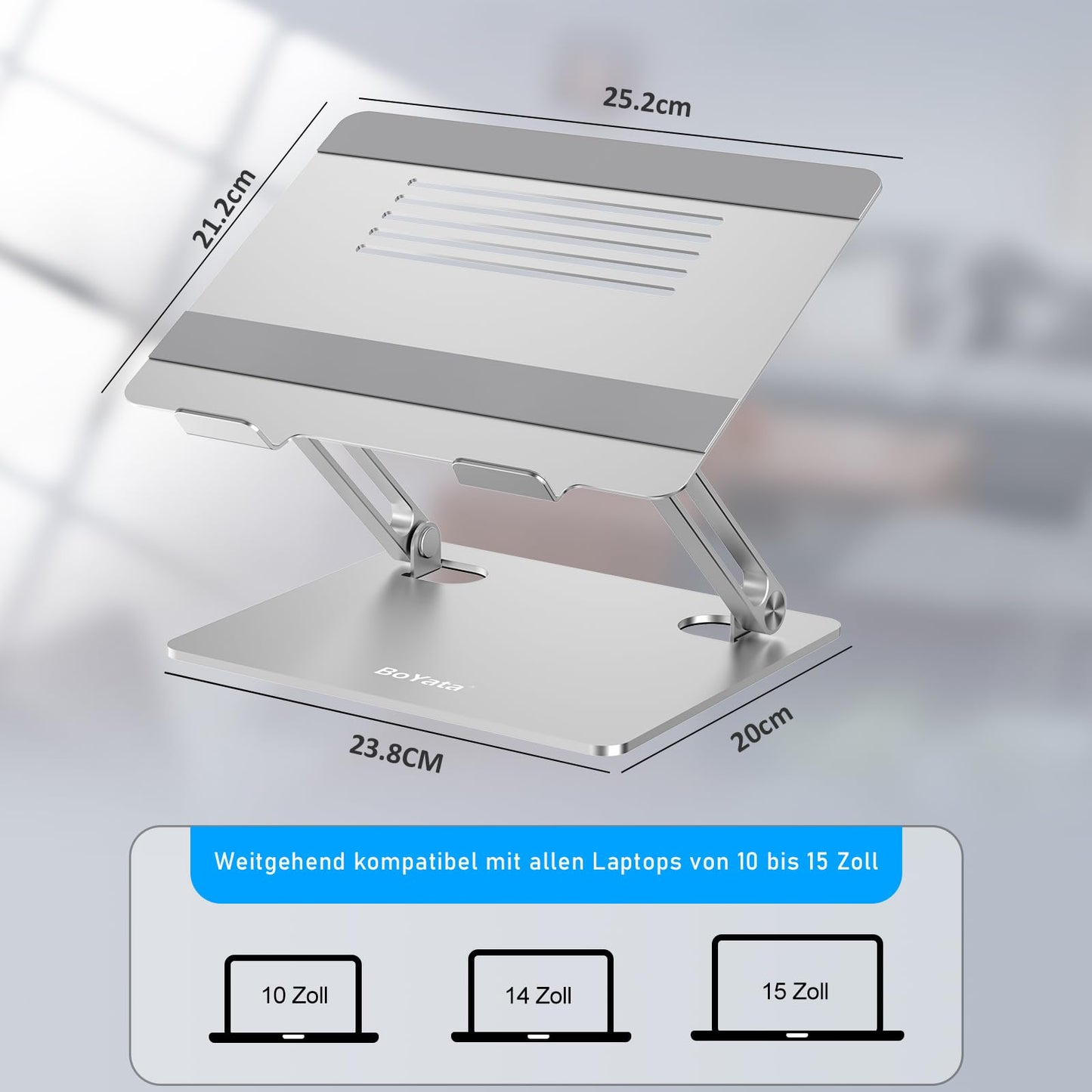 Boyata laptop stand, multi-angle laptop stand with heat-vent, adjustable notebook stand compatible for laptops (10-15 inch) including MacBook Pro/Air, Dell, HP, Samsung (Silver)