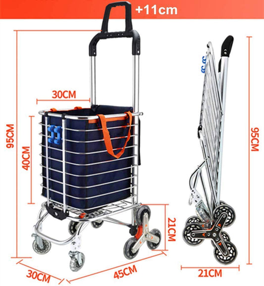 Shopping cart with wheels | foldable multipurpose dolly for climbing stairs with removable waterproof bag and durable 8 wheels and aluminum alloy frame (30 x 45 x 95 cm) Navy Blue