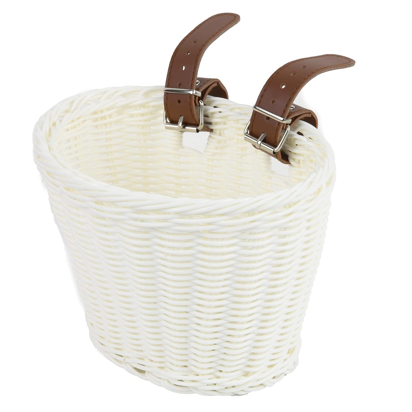 Bicycle basket for children, wicker bike basket for girls and kids in the front, plastic kids bike basket with leather straps, decorative, detachable (White)