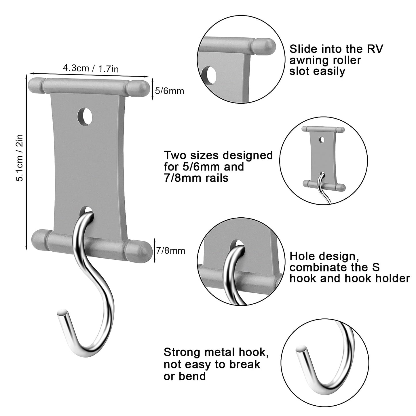 Homgaty Kederleiste Hooks, 16 set RV Awning Hooks for Keder Rail 5/6mm and 7/8mm, Camping Awning Hooks Keder Rail Accessories for Motorhome, Caravan, Camping Tent