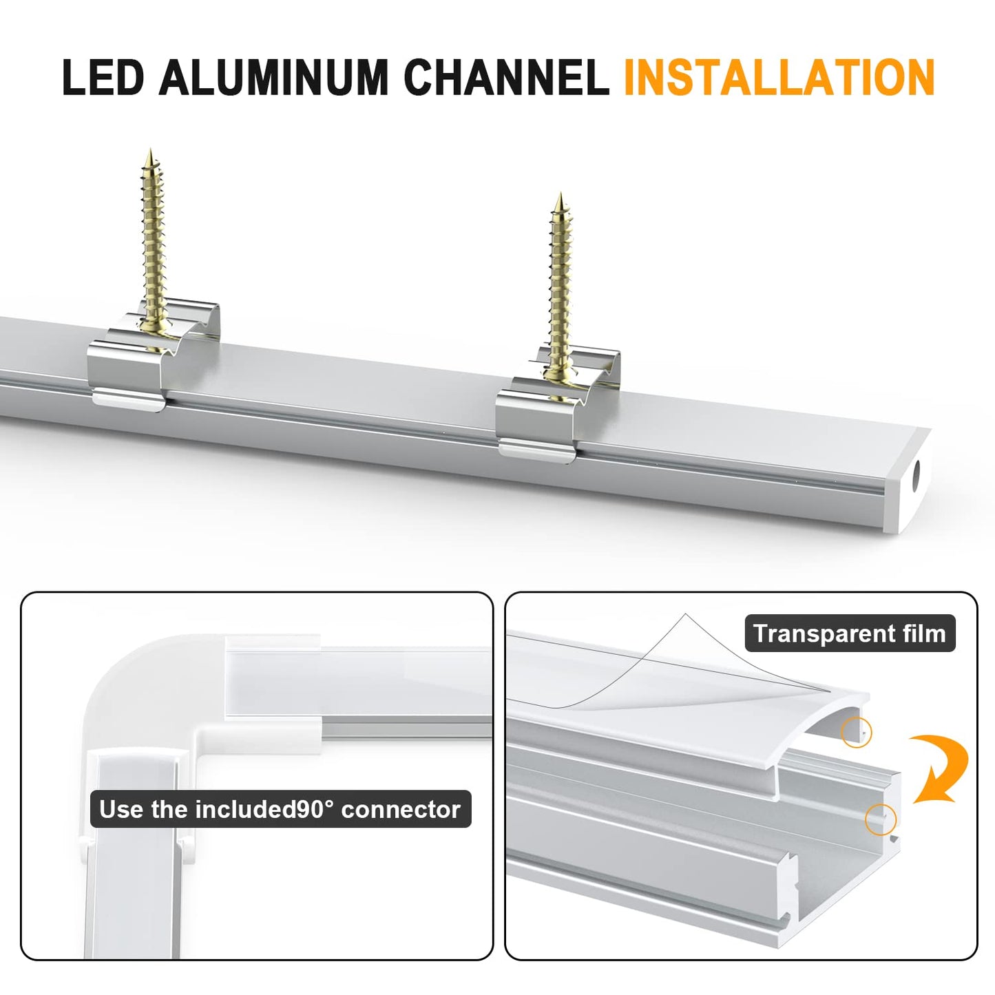 Angdarun LED profile, 12 pieces x 1M U-shape LED aluminum profile channel, for LED strip, with frosted white end caps, mounting clips, and corner connectors.