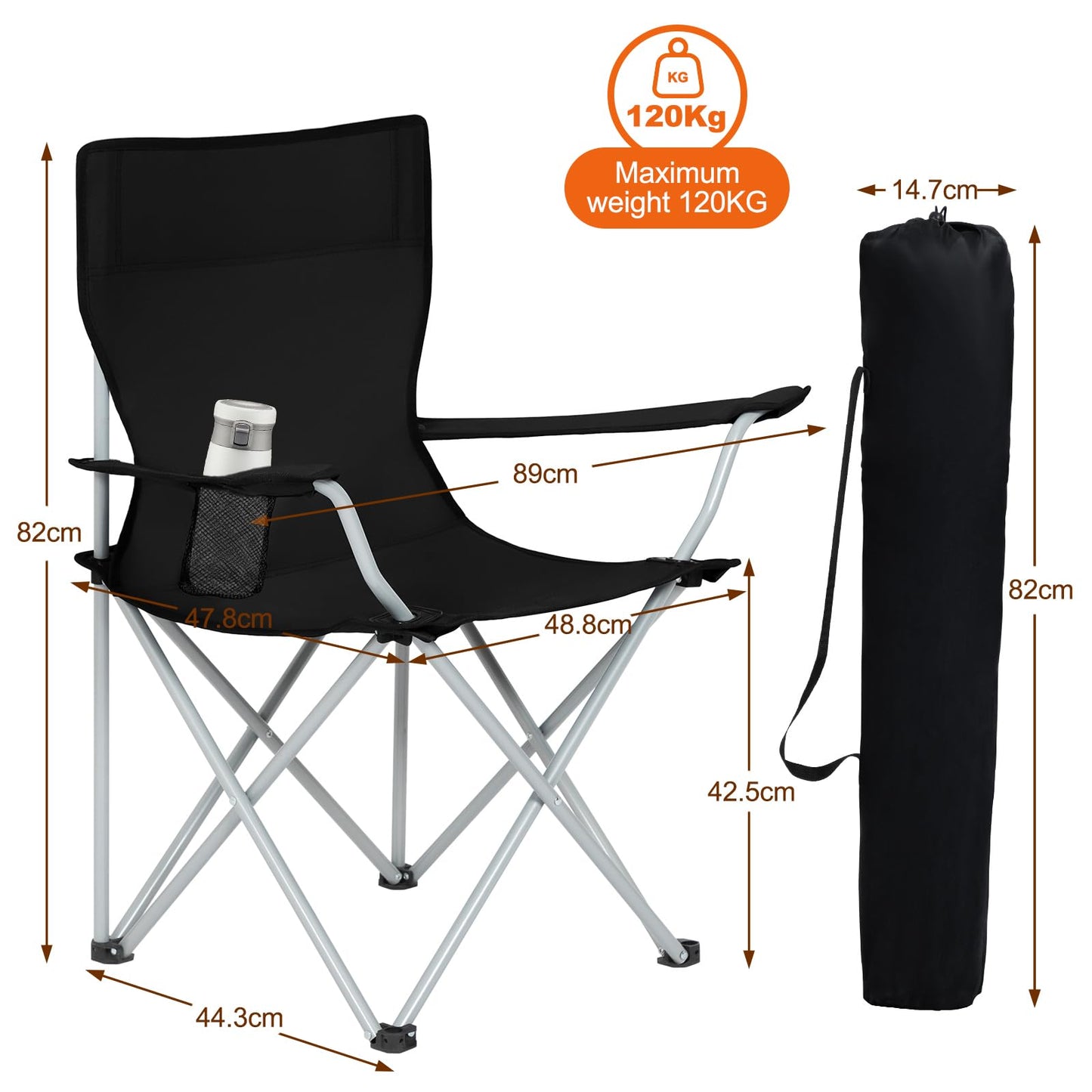 AMHANCIBLE Folding Camping Chair 2 Pack, Foldable Fishing Chair with Drink Holder, Portable Camping Chair with Armrests and Carry Bag, Lightweight Camping Chairs Set of 2, Up to 120kg Capacity, Black OCC01BK