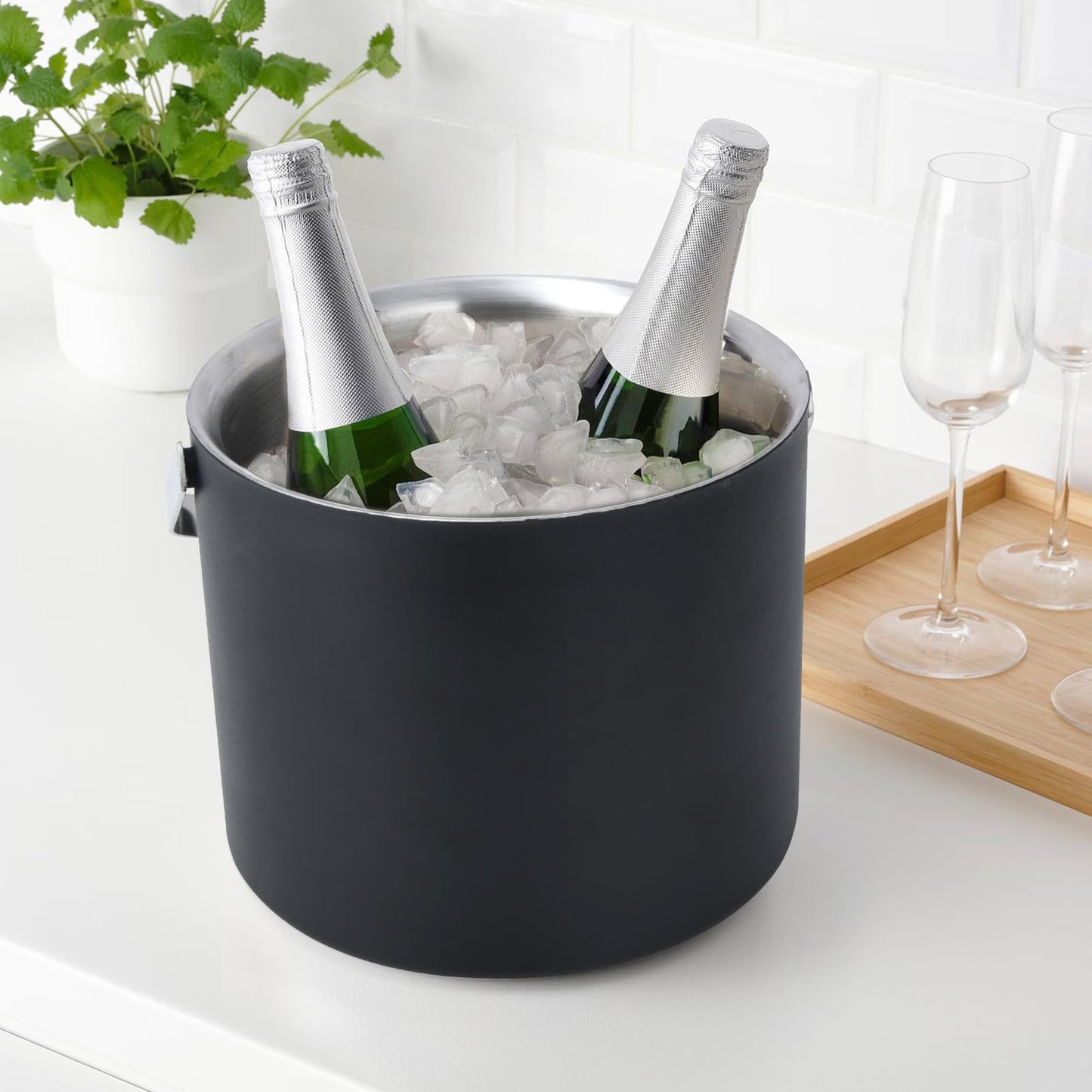 3L Modern insulated ice bucket with silicone lid,stainless steel ice cube container,double-walled stainless steel ice bucket,ice container for ice cubes ice bucket with strainer tongs,ice cooler for beer,champagne,wine