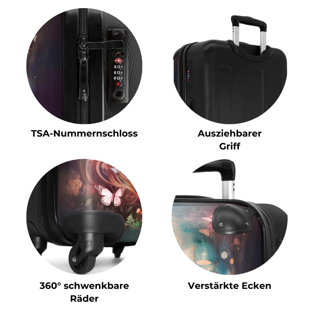 NoBoringSuitcases.com® Travel luggage for kids, suitcase for girls. Lightweight travel trolley with wheels. Horse - flowers - butterflies design. Medium-sized children's luggage, 67x43x25cm.