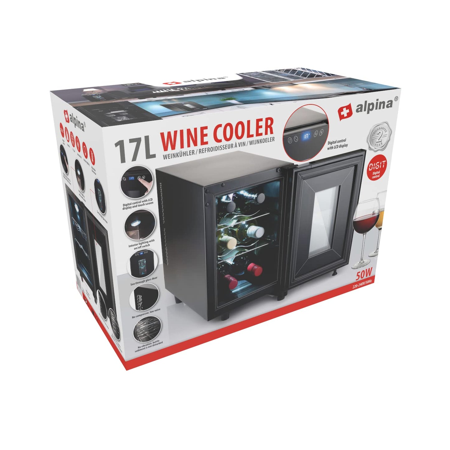 Alpina Wine Cooler 18L - Cooler for 6 bottles - Bottle chiller 230V - Temperature adjustable from 11°C to 18°C - Glass door and interior lighting - Low noise to silent operation - Black