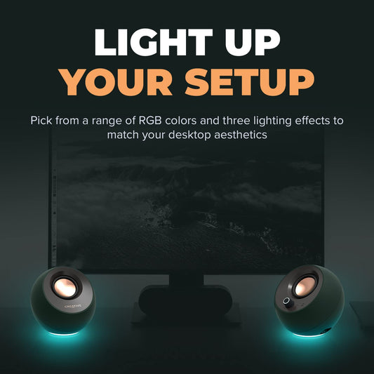 CREATIVE Pebble Pro 2.0 USB-C PC speakers with Bluetooth 5.3 and customizable RGB lighting, USB audio, and headphone/microphone jack.