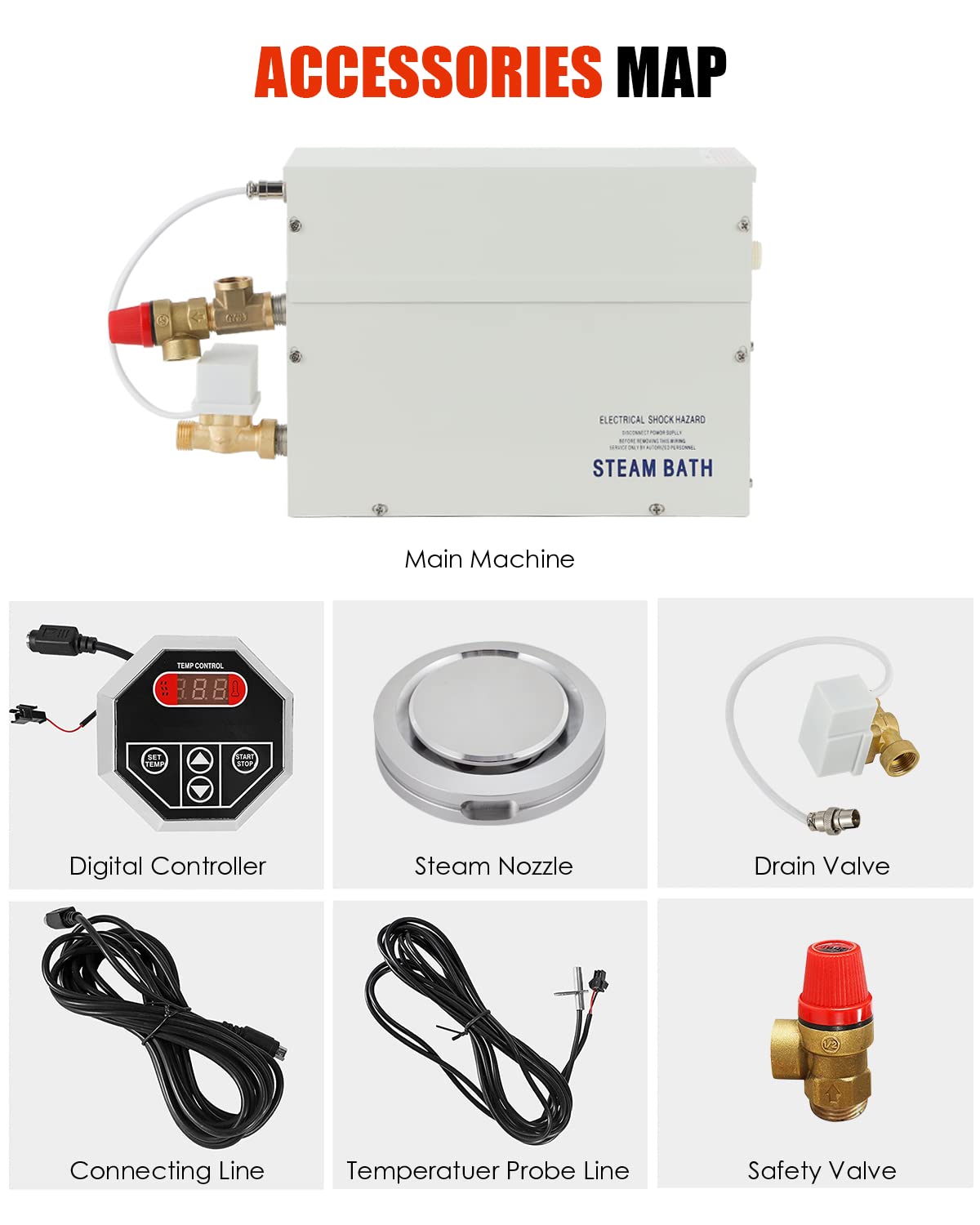 CGOLDENWALL 3 KW Household Sauna Steam Generator 220 V, perfect for sauna/shower/bathroom/spa, with automatic drainage, LED digital controller 35-55℃, for 1.5-3 m3 room heating.