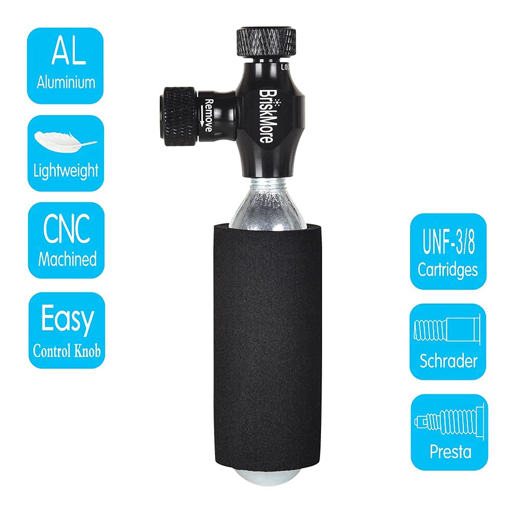 BriskMore CO2 inflator kit with 5 x 16g CO2 cartridges for bike tires, Presta and Schrader valve compatible, bike tire pump for mountain and road bikes, includes insulating sleeve.