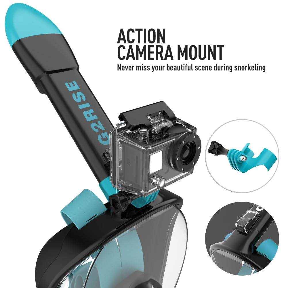 G2RISE® snorkel mask, diving mask, foldable CO2-safe snorkel full face mask with camera mount for kids and adults.
