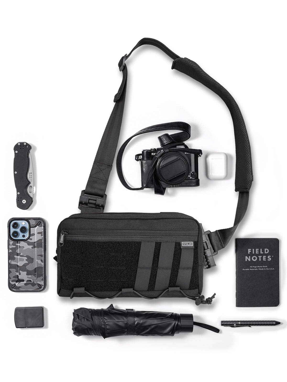 TACTICAL_GEEK Cache L3C EDC Sling Bag Chest Crossbody Bag, 1000D OXFORD CLOTH Shoulder Bag, Waist Bag Shoulder Bag Chest Bag with Adjustable Shoulder Strap for Travel School Hiking, Black