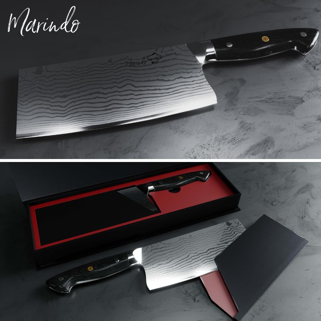 Marindo Chinese chef's knife stainless steel | 18cm blade length | Kitchen cleaver with triple-riveted wooden handle | Chinese cleaver knife | Extremely sharp meat cleaver | Includes gift box