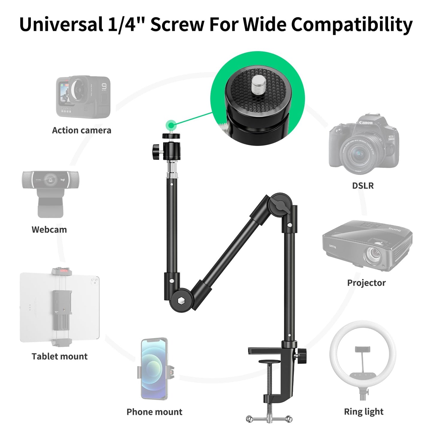 KDD Webcam Mount Camera Stand 55.1cm, with Phone Holder & 5/8" Screw, Light Stand Clamp 360° Gooseneck for Logitech C922 C930e C920 C925e C615 Brio 4K, GoPro Hero Blue Yeti