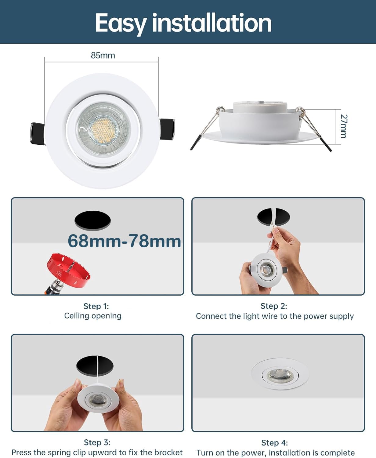 Schiele LED recessed spotlights, flat spots, 230V, dimmable, 68-78mm cutout, 7W warm white ceiling spots, white IP44 for bathroom living room, set of 12.