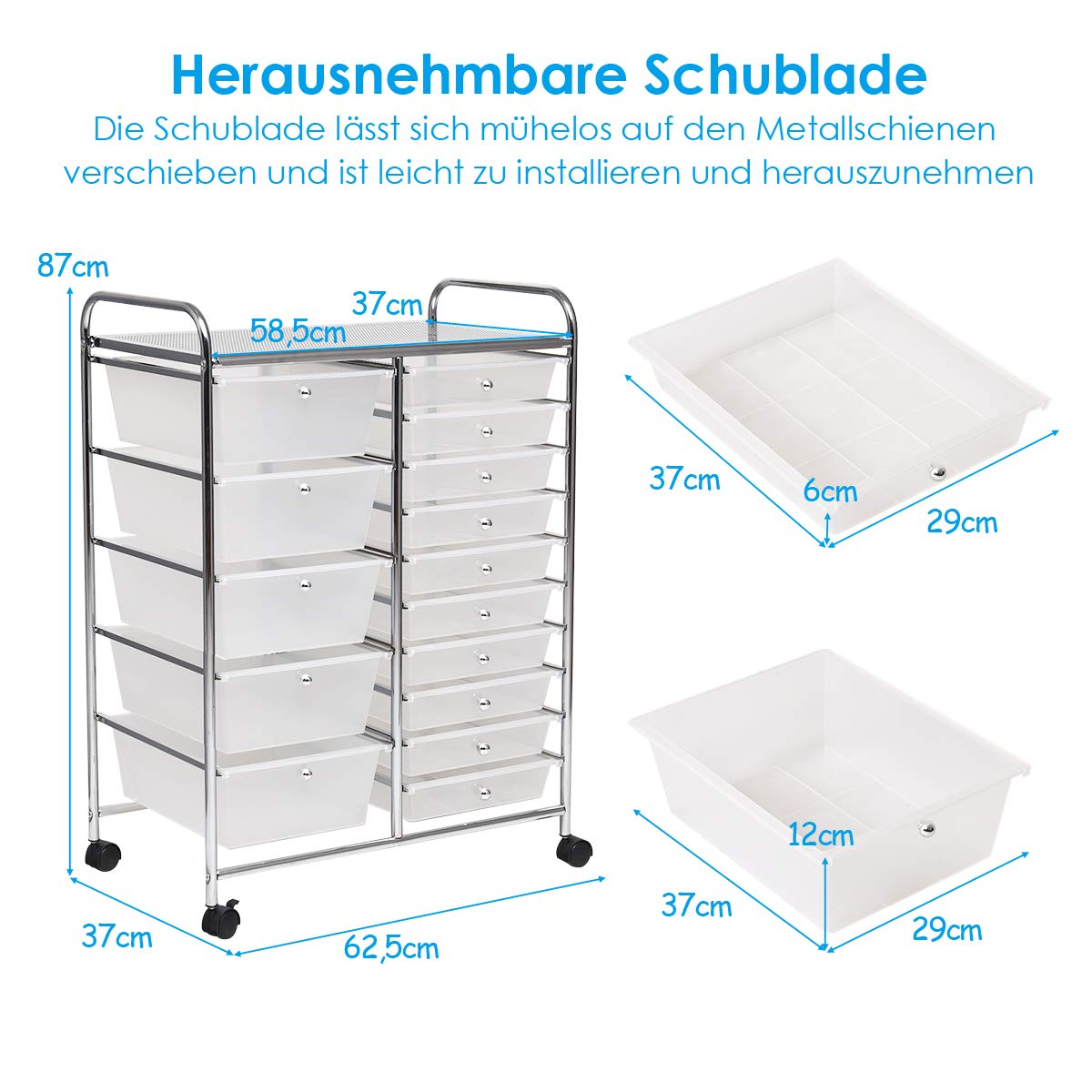 COSTWAY rolling cart with 15 stackable drawers, drawers cart with metal frame and shelf, bathroom trolley storage cart for office, living room, 62.5 x 37 x 87 cm.