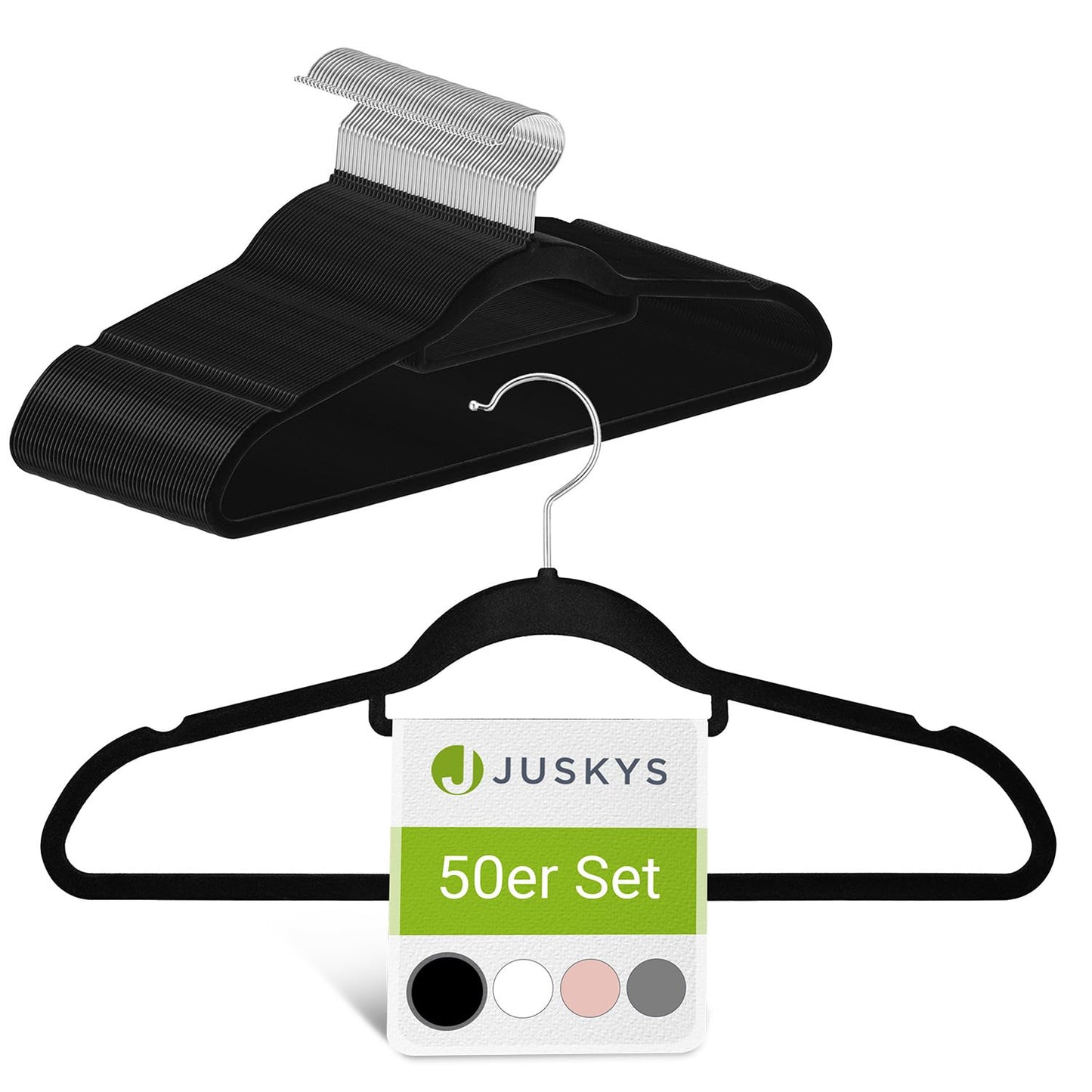 Juskys Velvet Hangers 50-piece Set - nonslip, slim, space-saving - flocked velvet hangers - swivel hooks - 50 Black Hangers