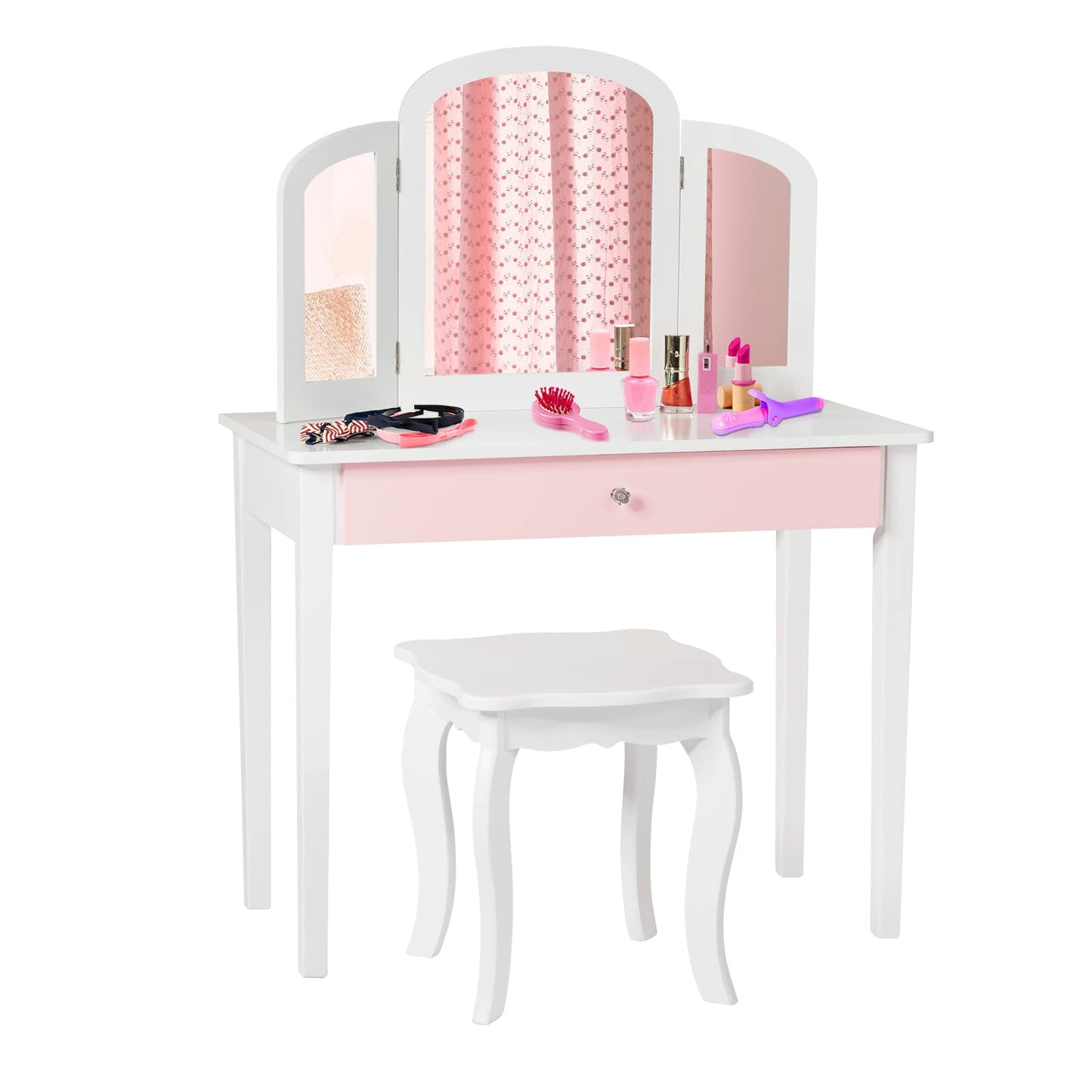 GOPLUS 2 in 1 Kids Vanity Table, Dressing Table & Chair, Makeup Table with Removable 3-Fold Mirror & Drawer, Padded Stool, made of wood, in country style, Children's Vanity Table for Girls (White)