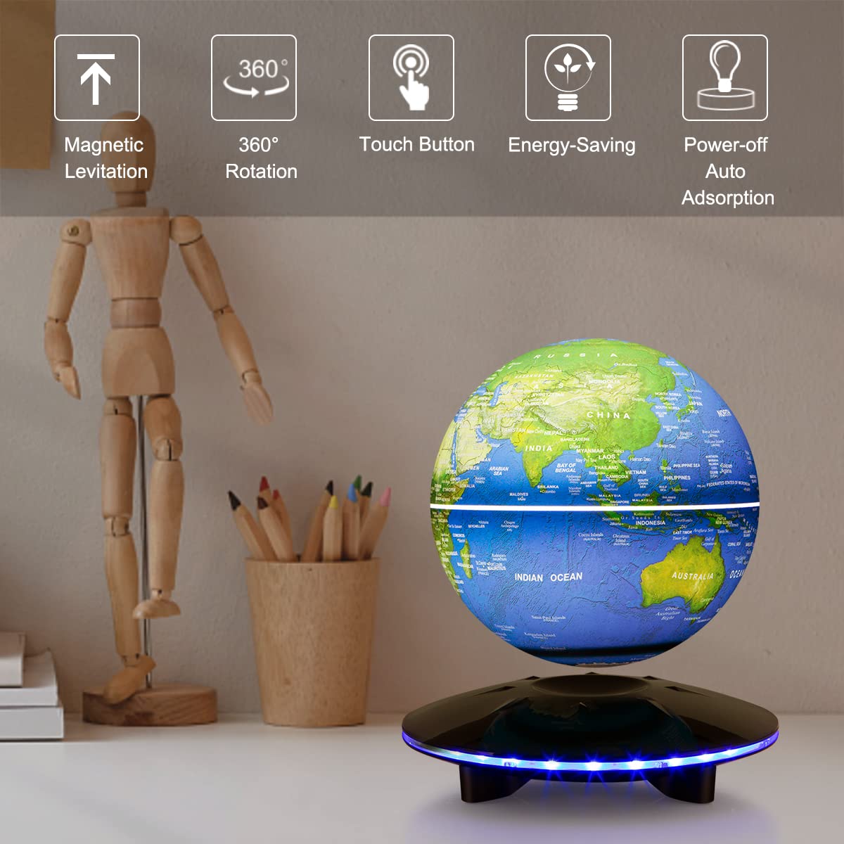 Levitating globe, magnetic levitation balls, automatically rotating floating world map globe with LED light for room office desk decoration, learning gift for children, night lights.