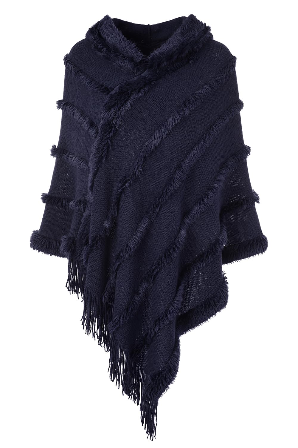 Ferand Women's Hooded Poncho, Warm Winter Cape, Striped Shawl with Fringes, Elegant, Navy Blue