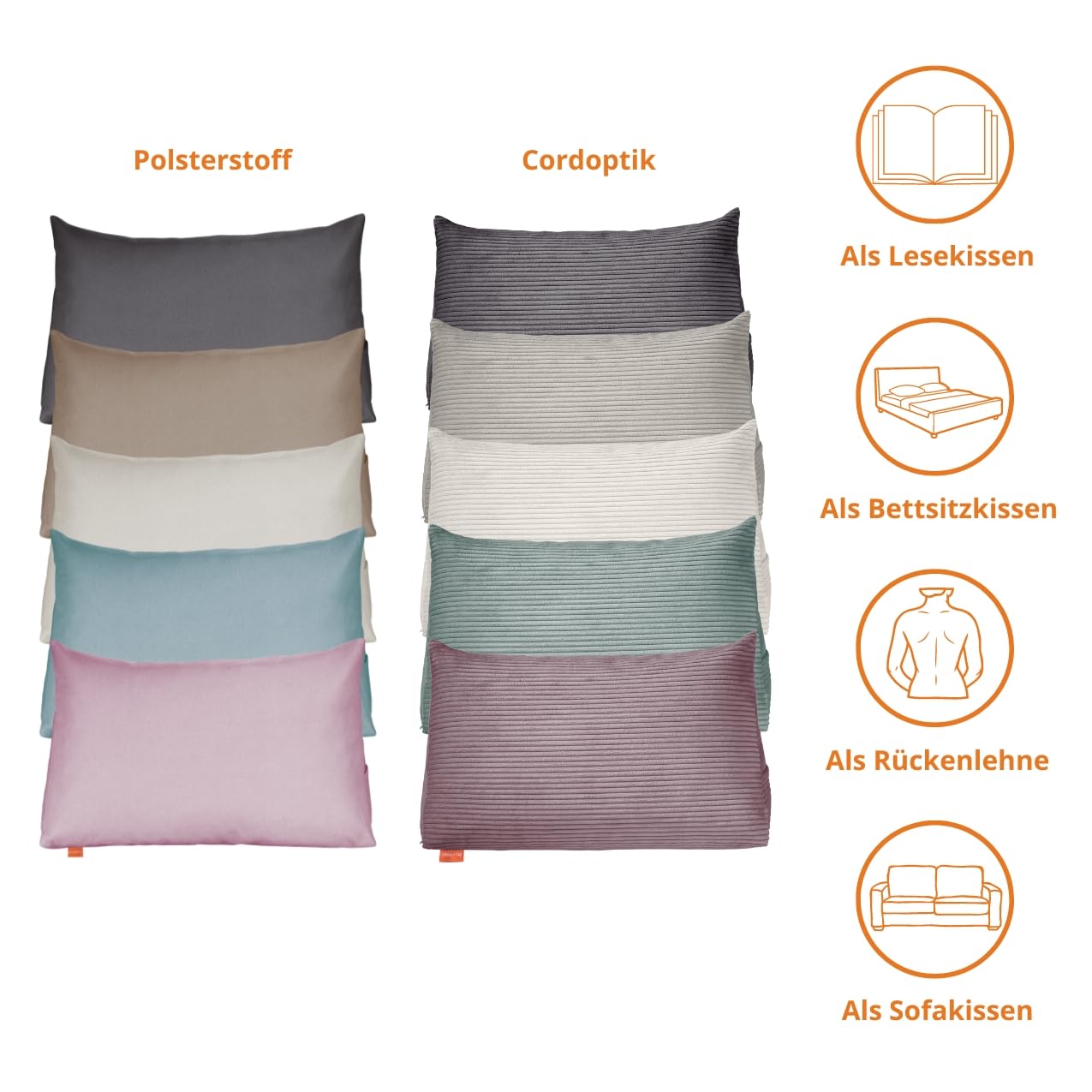Sleeping back cushion wedge pillow for bed and sofa, lumbar pillow, triangular reading pillow, beach pillow, pillow with removable washable cover, side pocket, 70 cm wide, beige.