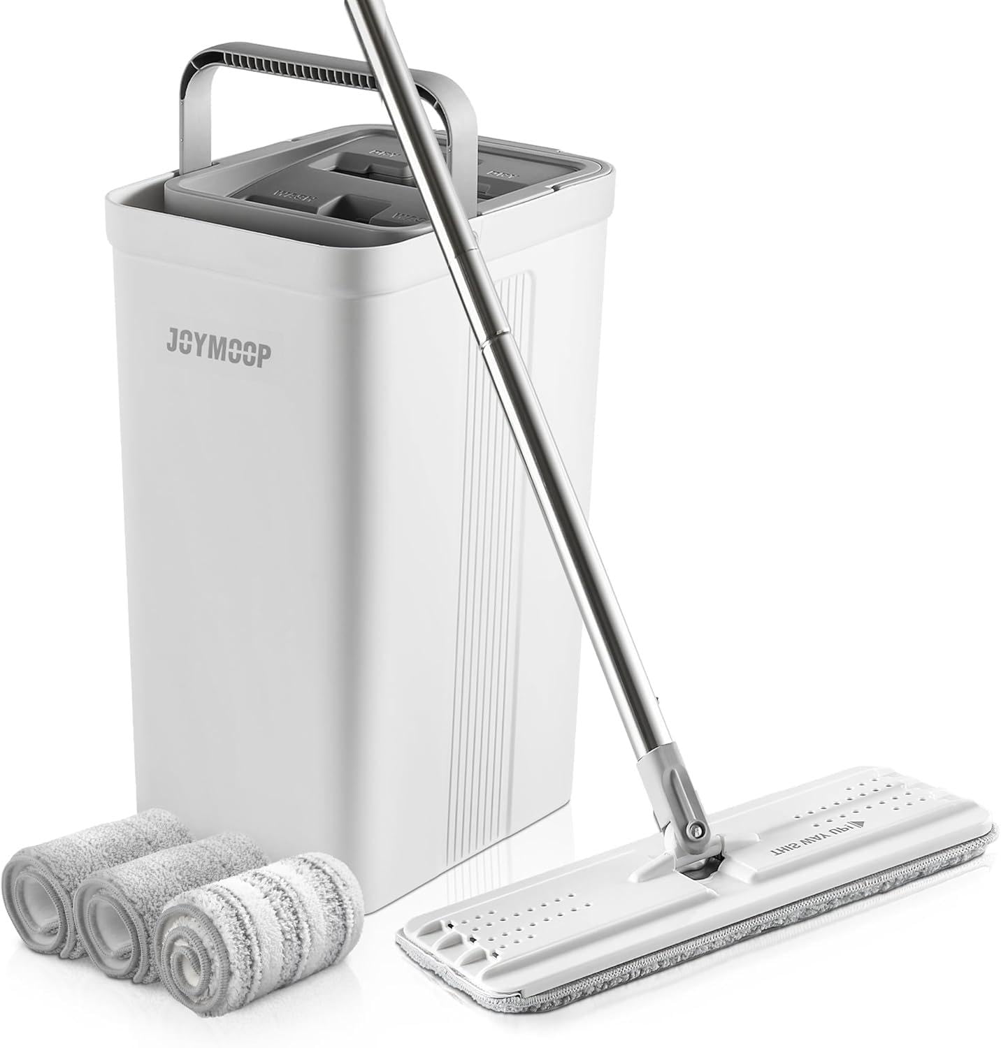 JOYMOOP Mop and Bucket with Wringer Set for Home, Flat Mop and Bucket System, Mops for Floor and Wall Cleaning, with 3 reusable microfiber mop pads.