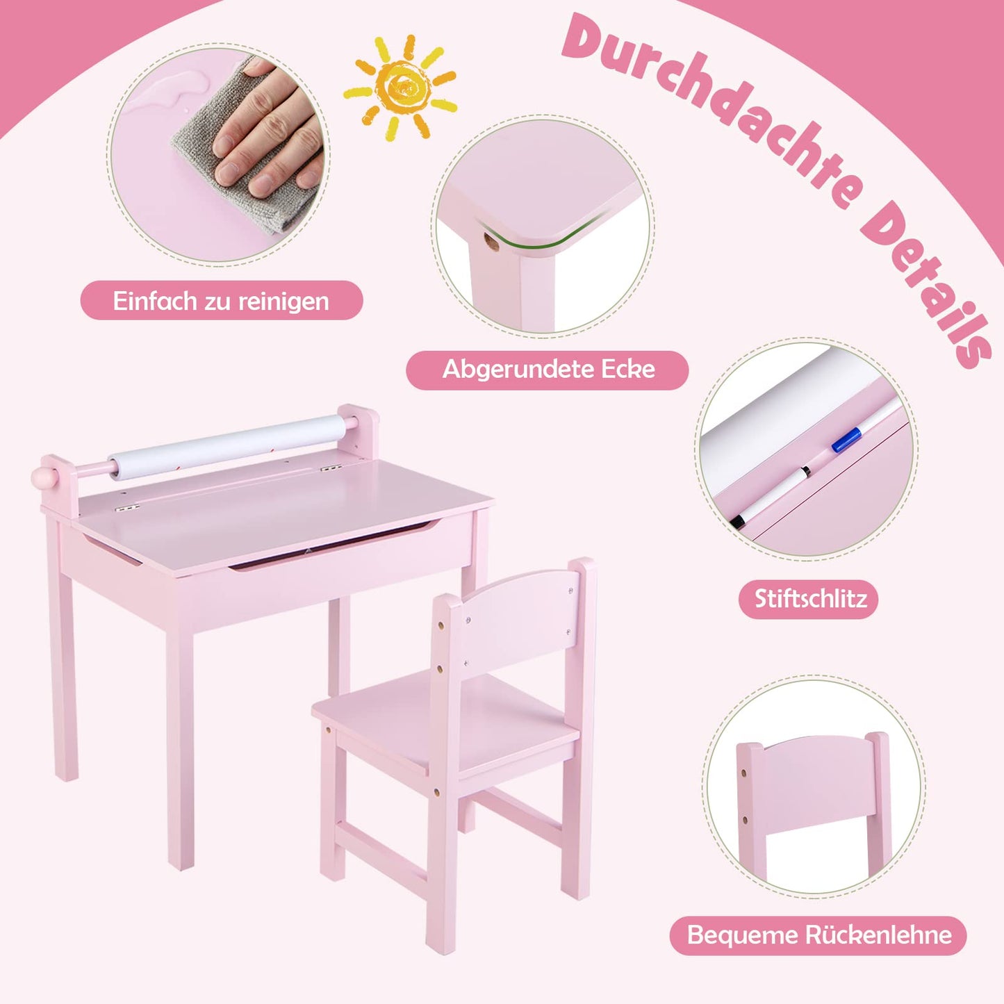 DREAMADE Kids Desk with Chair, Wooden Student Desk, Youth Desk, Children's Table, Kids Desk with Paper Roll Holder & Storage Space, Paper Roll and Markers Included (Pink)