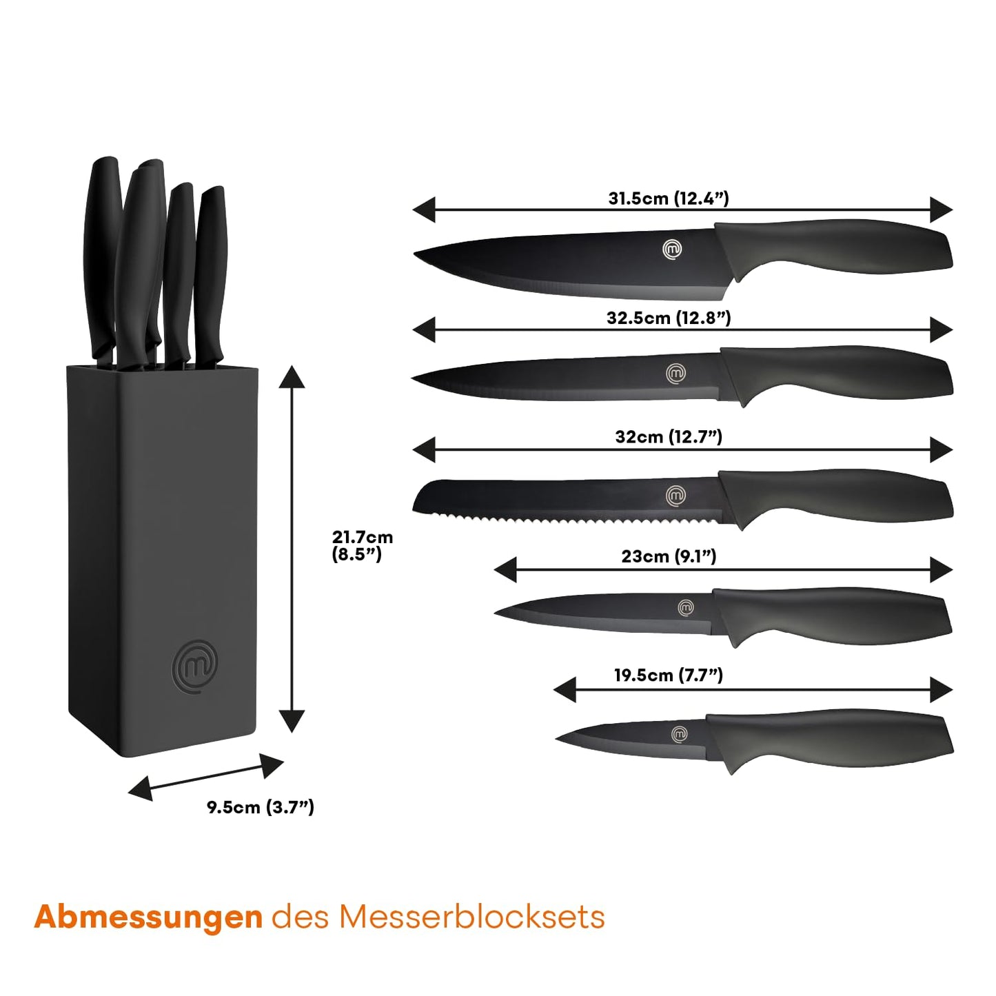 MasterChef knife block with cake knife set including Santoku knife, bread knife, chef's knife, vegetable knife, and utility knife. Made of stainless steel, sharp, 5 pieces, black, with soft-touch handles.