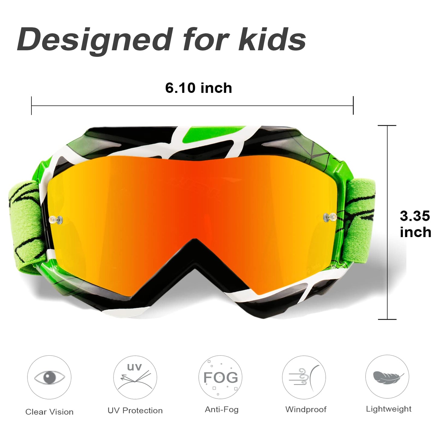 NENKI Kids Motorcycle Goggles, Dirtbike Off-Road Racing Motocross Goggles with TPU Frame and Sponge Layer, Anti-UV Protective Goggles for Children Youth aged 3-12 years.