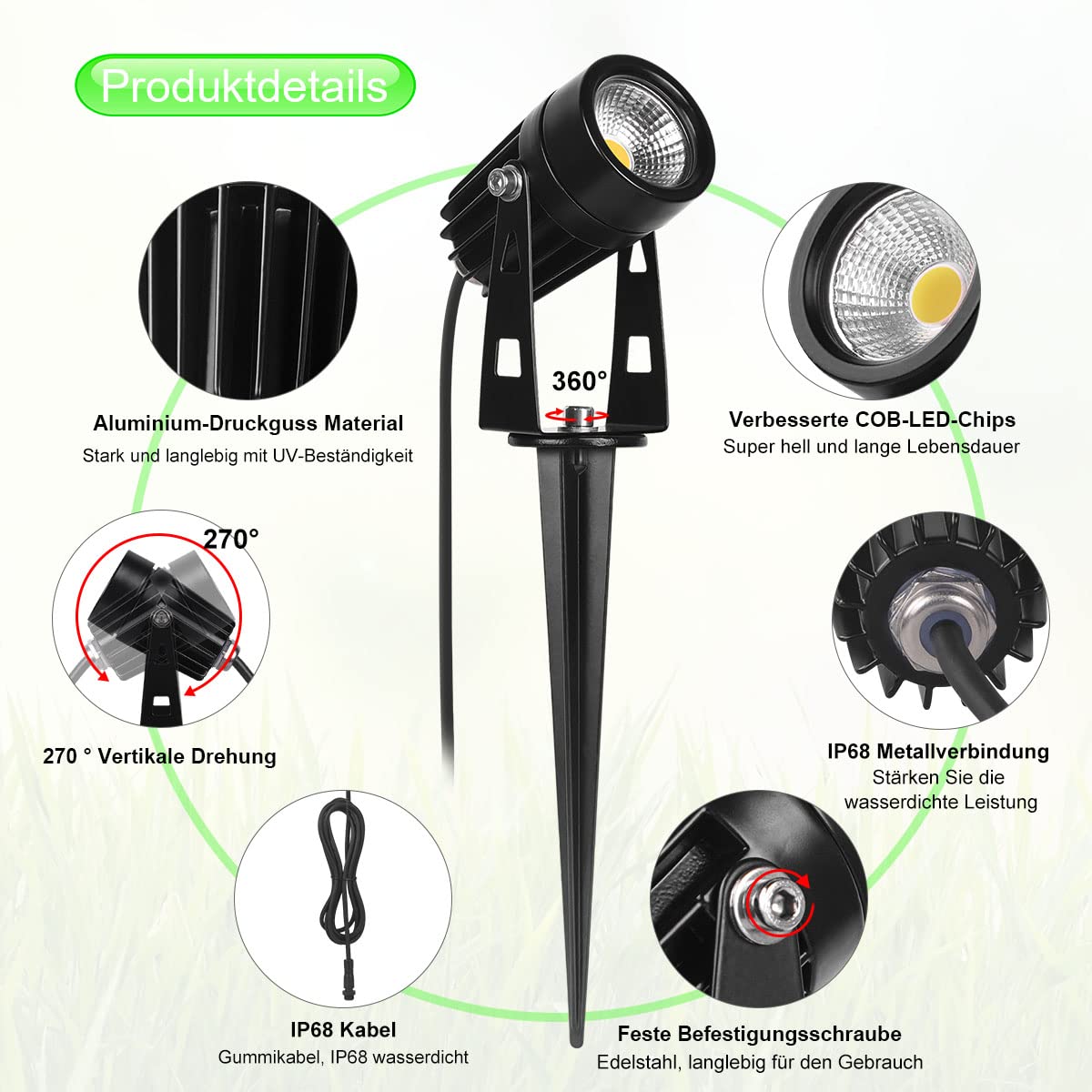 AIMHEIM 10-piece LED garden lights with ground stake, 3W garden light with plug, 3750LM, IP65 waterproof, garden spotlights outdoor spotlight warm white for garden, terrace, plants, paths.