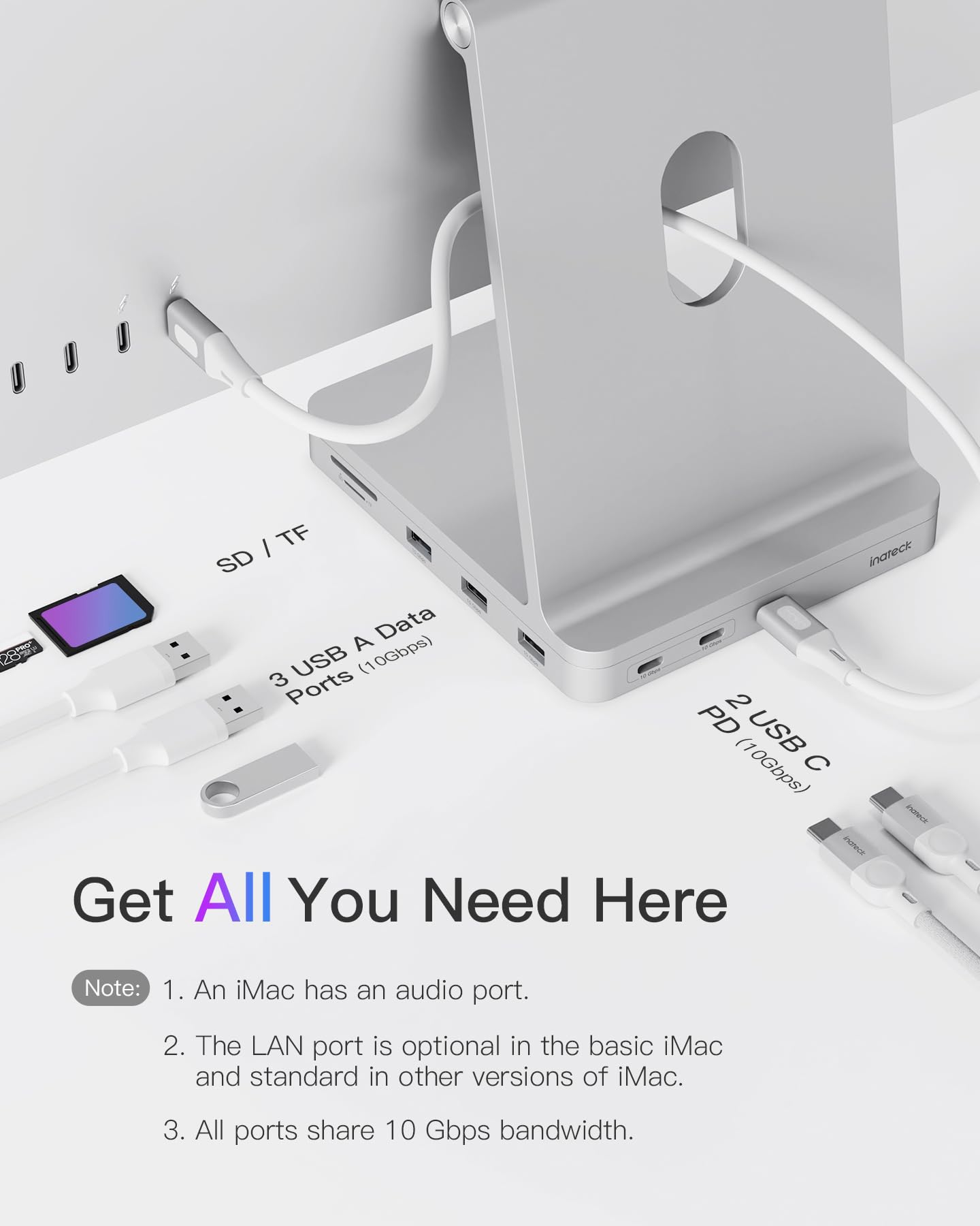 Inateck USB C Hub for iMac, docking station compatible with iMac 24 inch 2021/2023, USB 3.2 Gen 2, 8-in-1 aluminum USB hub with NVMe SSD enclosure, USB C 10 Gbps and SD/TF card reader, DK2001