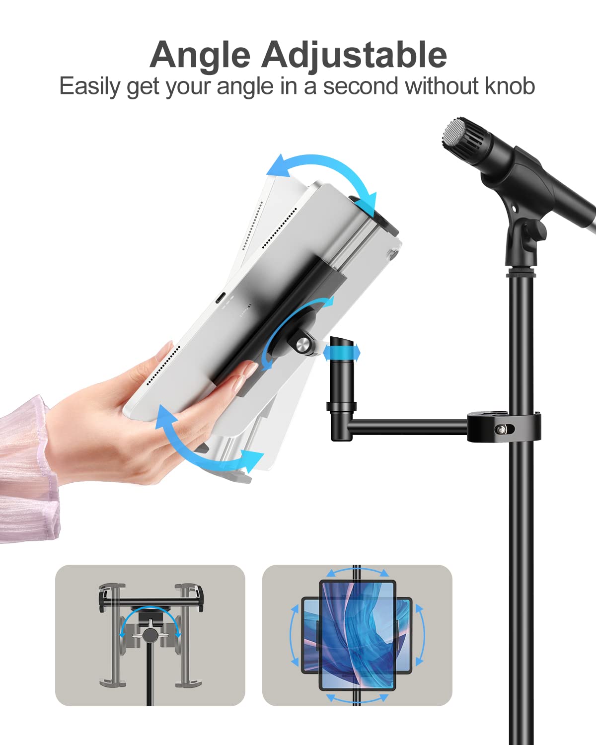 Elitehood Aluminum iPad Holder Microphone Stand, Side Tablet Holder Mic Stand, Adjustable 360° Rotatable Tablet Holder Microphone Stand with iPad Pro 12.9, Air, Mini, More 4-12.9” Devices