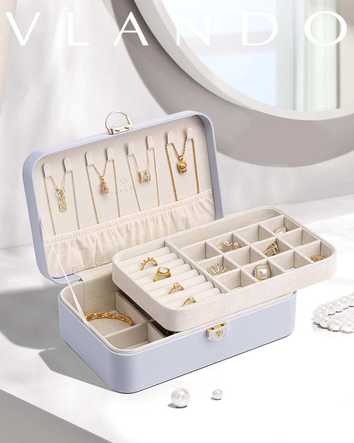 Vlando Jewelry Box for Girls Women, Double-layer Jewelry Case, Lockable Jewelry Box, Jewelry Storage Box for Rings Earrings Bracelets, Jewelry Organizer