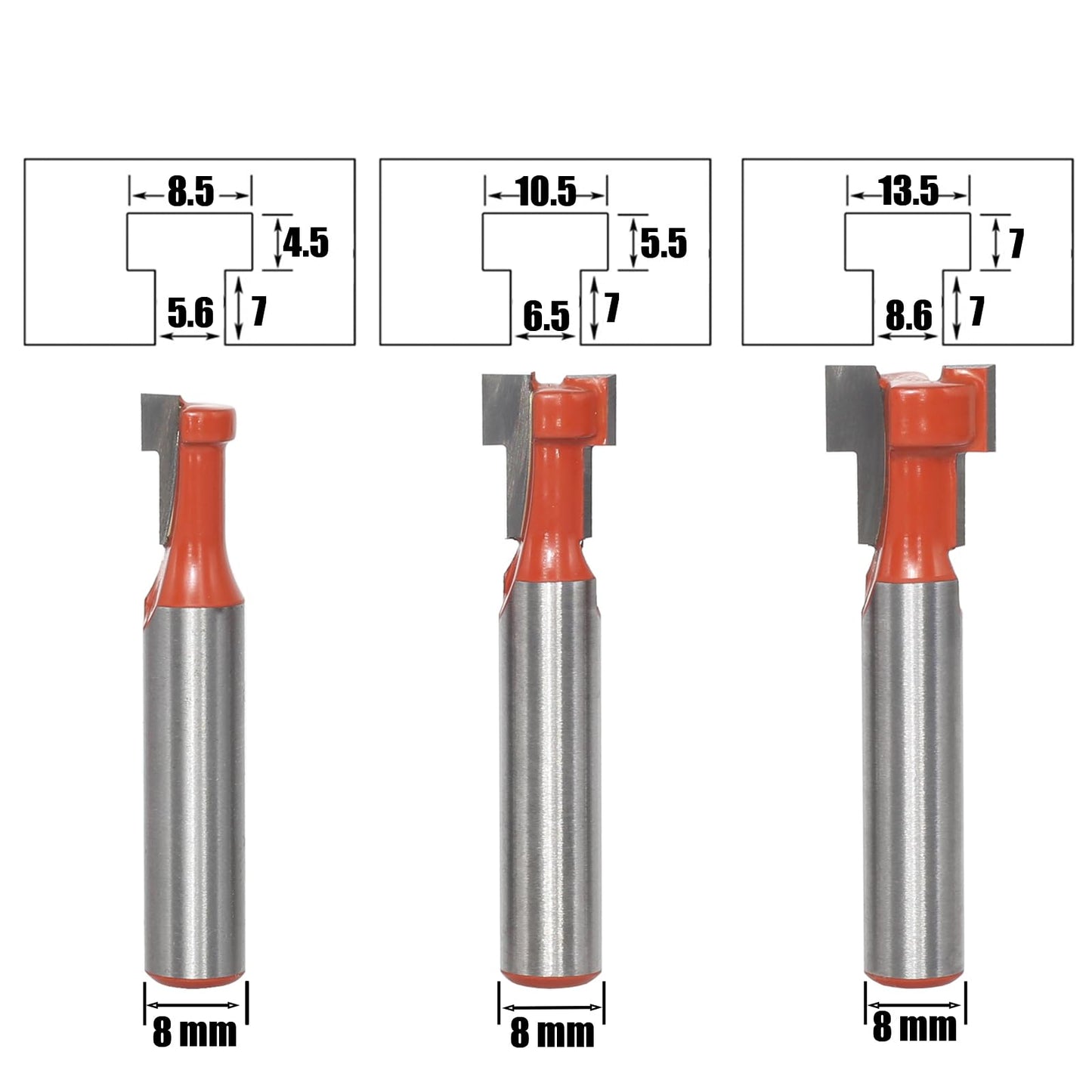 AKYLIN 5-pc T-Slot Cutter Set 8mm Shank, T-Track Slotting Wood Router Bit, T-Slot Cutter Set, Router Bits for Woodworking