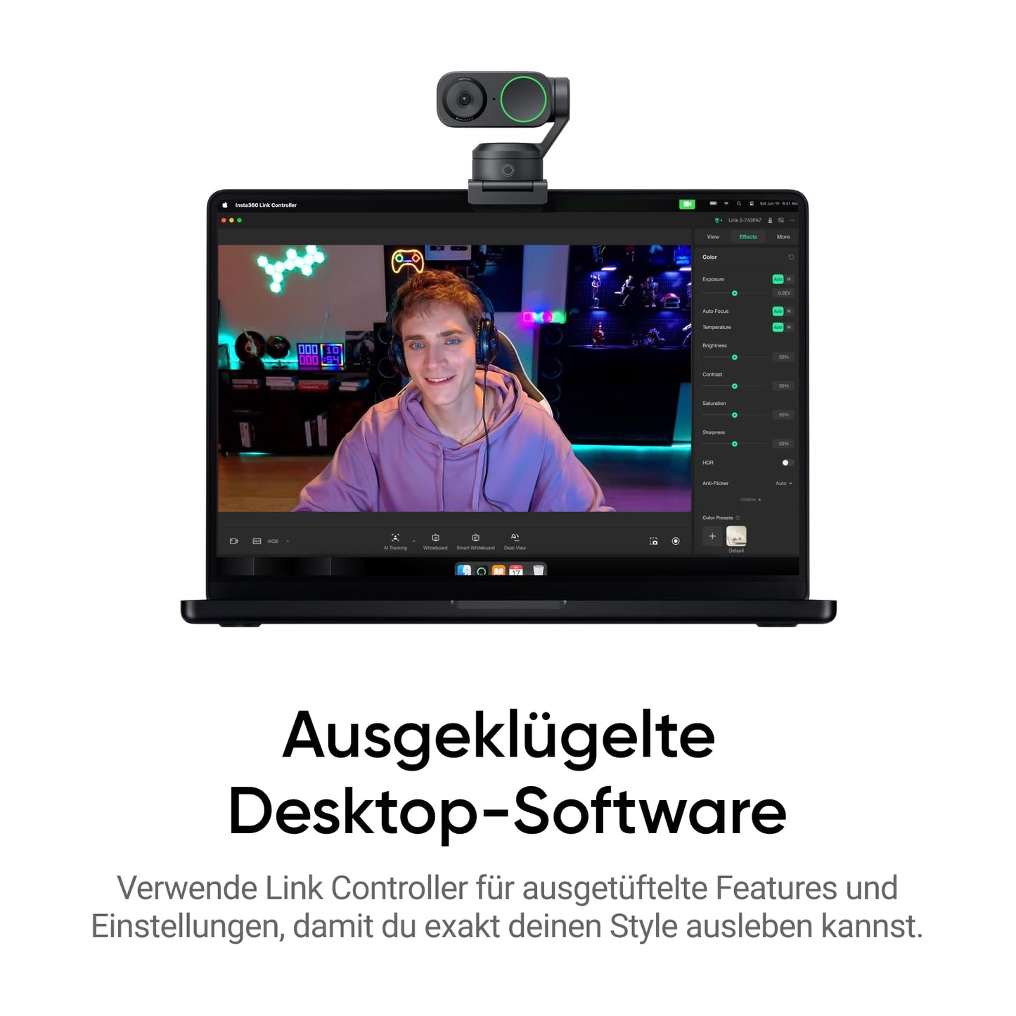 Insta360 Link 2 Standard Bundle - 4K webcam for PC/Mac, 1/2" sensor, AI tracking, HDR, microphone with AI noise reduction, gesture control for streaming, video calls, gaming, compatible with Zoom.