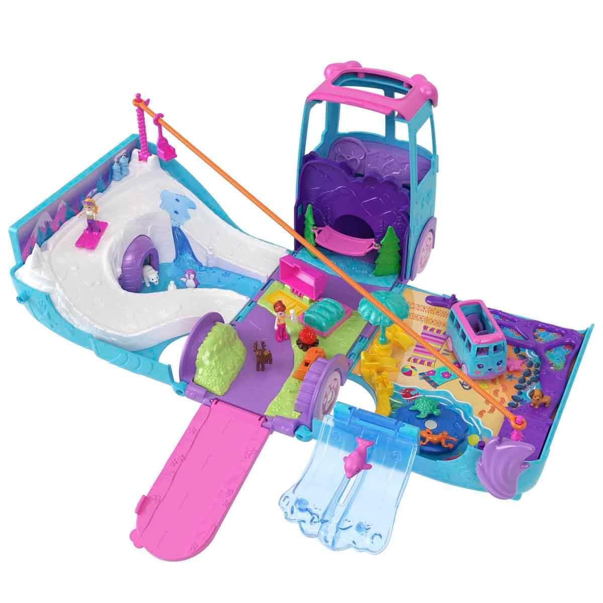 Polly Pocket micro dolls and convertible camper, with accessories like pets and toy car, on-the-go pet adventure playset, JCC22.