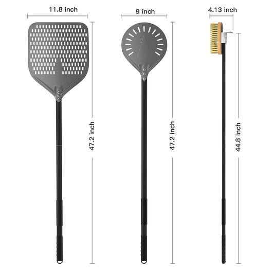 G.a HOMEFAVOR 12 inch Perforated Pizza Peel 9 inch Pizza Shovel made of Hard Anodized Aluminum, Pizza Oven Brush with removable long handle for Oven BBQ Grill, total length 120 cm