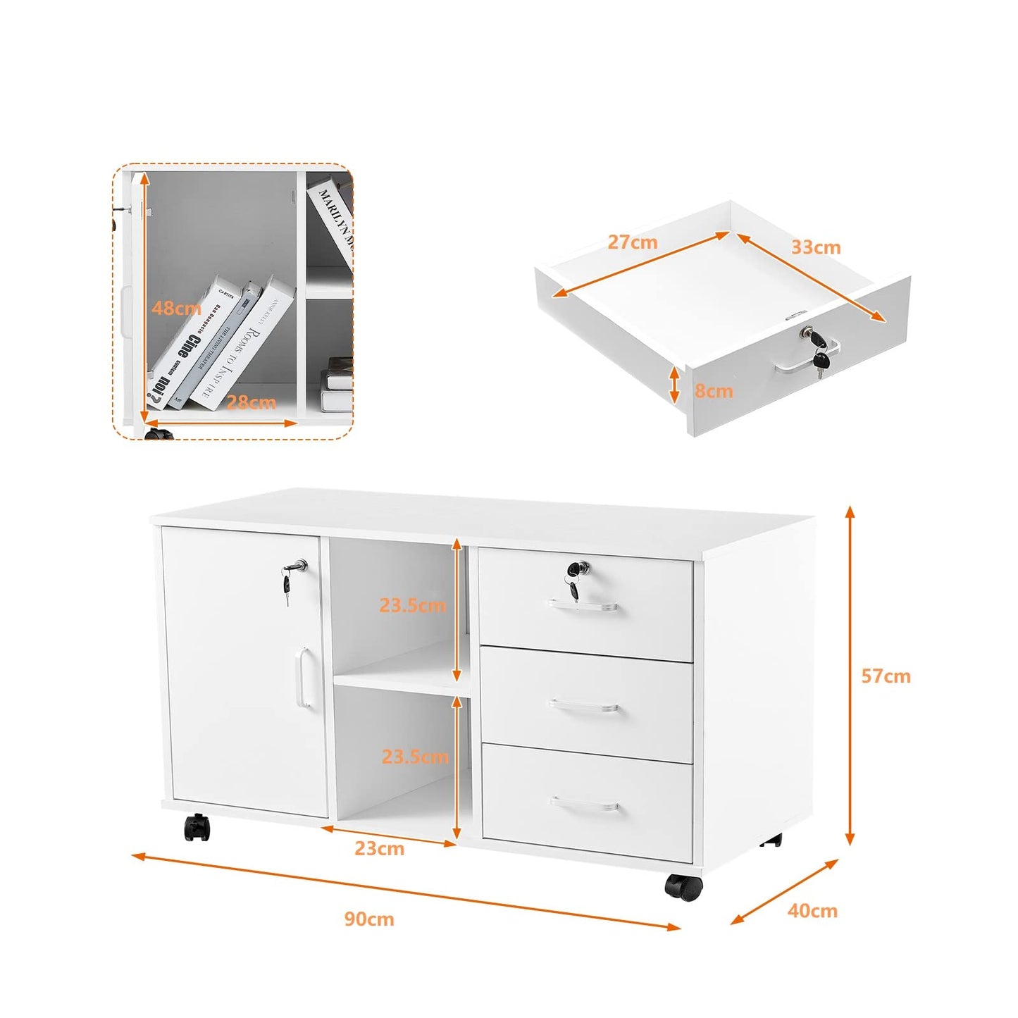 OFCASA Mobile File Cabinet with 3 drawers, lockable office rolling cabinet with wheels, 1 door, 2 shelves, 2 locks, white wood, storage cabinet for Home Office, 90 x 40 x 55 cm