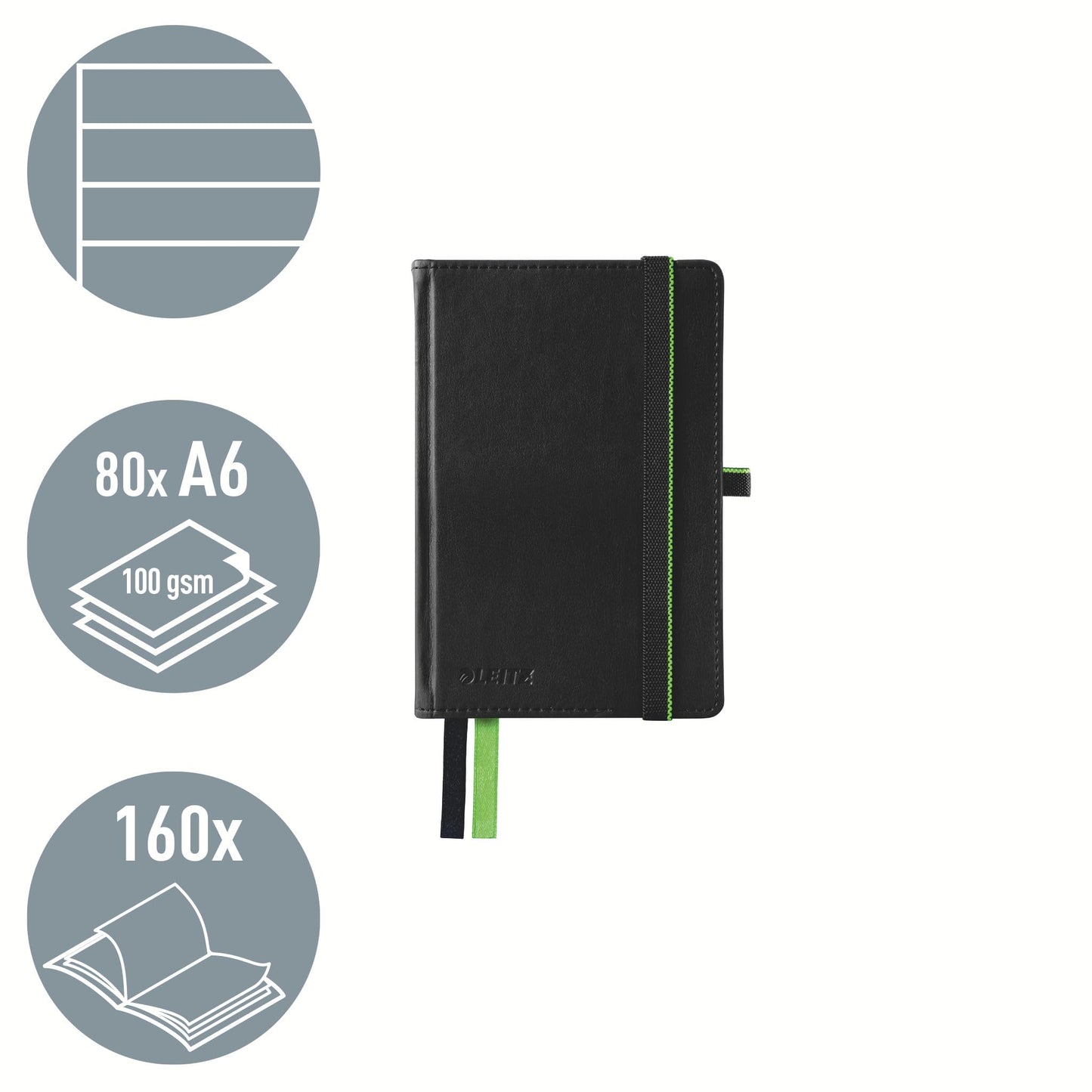 Leitz Complete Quality Notebook A6 lined, 160 pages, 80 sheets, hardcover with high-quality cover, 100 g/m² paper FSC certified, closure, bookmark, pen loop, black, 44800095