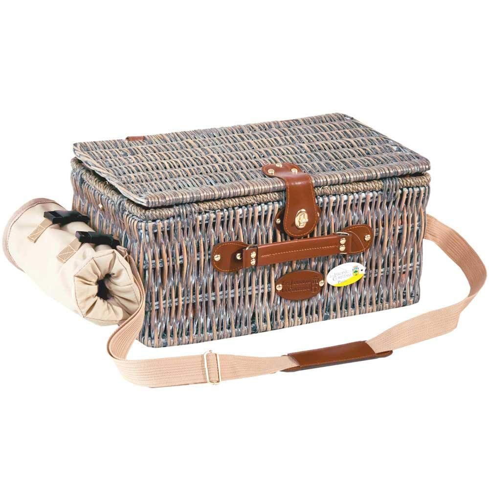 Les Jardins de la Comtesse - Angers Willow Picnic Basket - Complete for 4 People - Cooler Compartment - Ceramic Plates and Wine Glasses/Bottle Holder - Cream Fabric - 46 x 31 x 22 cm