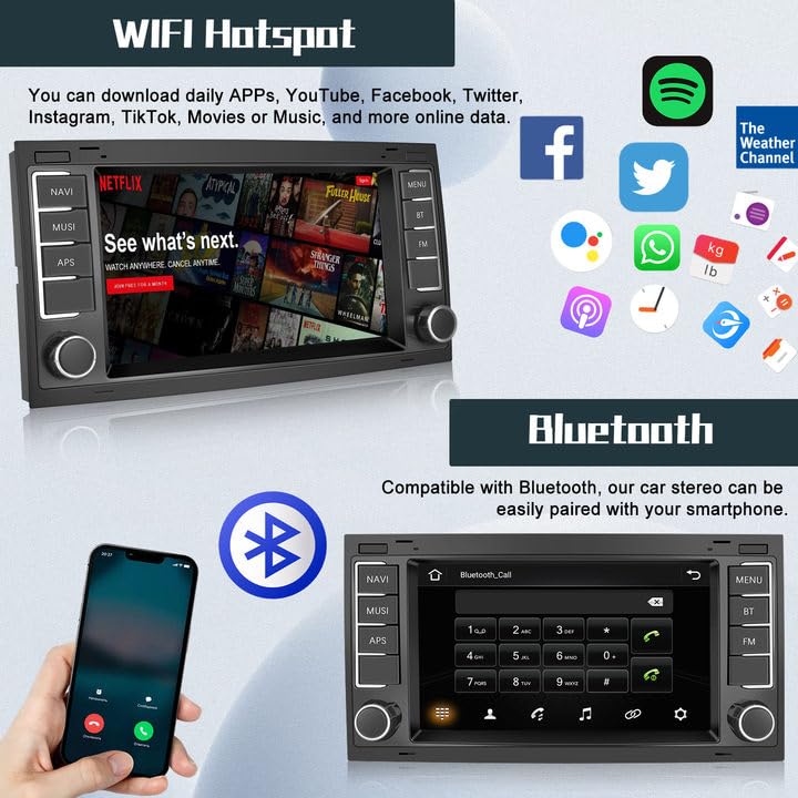 Hikity DAB/DAB+ Android 13 Car Radio for VW Touareg 2004-2011 Transporter T5 Multivan 2004-2009 with Wireless Carplay Android Auto 7-Inch Screen Radio with GPS WiFi FM RDS HI-FI Rearview Camera