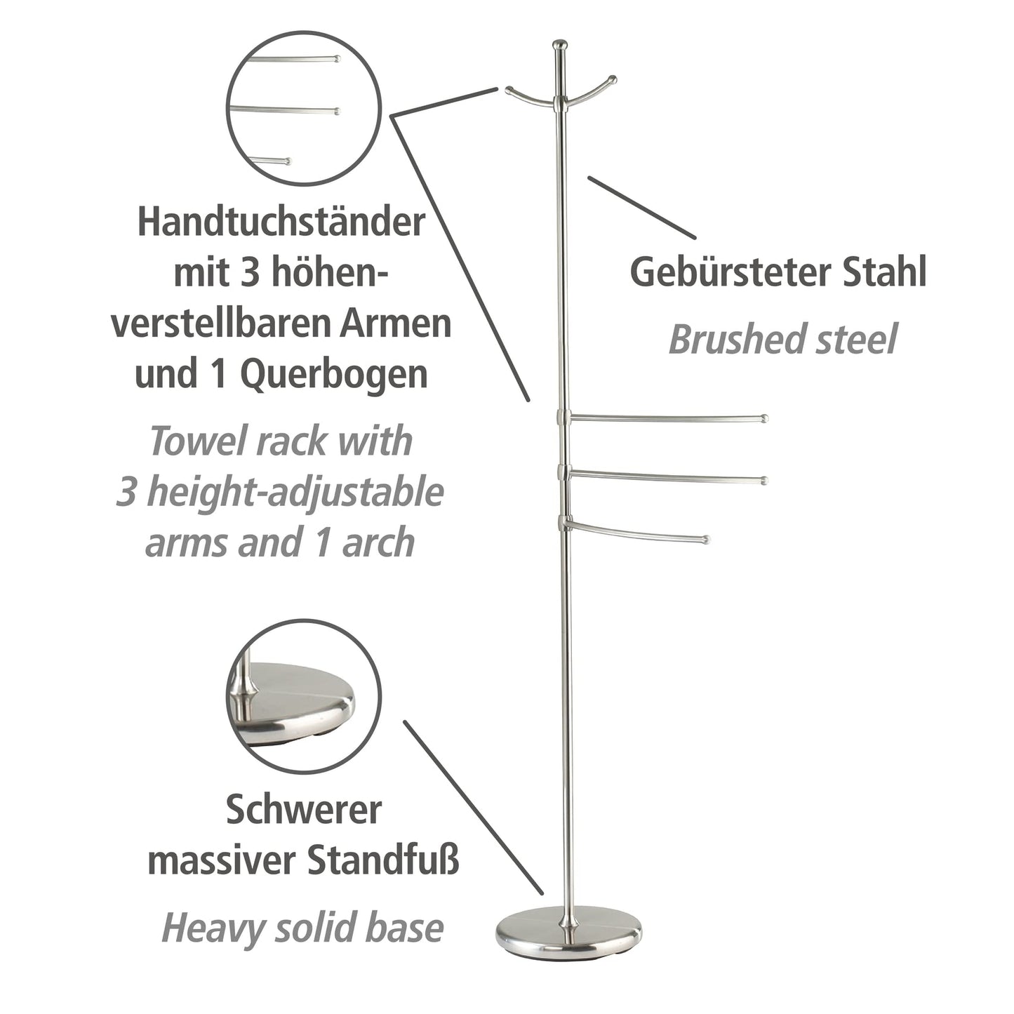 WENKO towel rack model Adiamo with adjustable arms and 2 hooks, coat stand made of brushed steel, 28 x 170 x 28 cm.