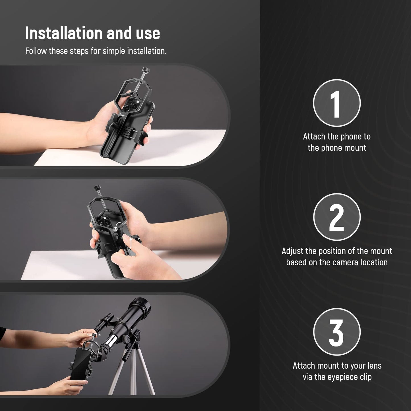 NEEWER Metal Telescopic Phone Holder, 2.09"-3.54" Universal Phone Holder for Spotting Scope Telescope Microscope Binocular Monocular, Fits Eyepieces with Diameter 1.18"-2.52"