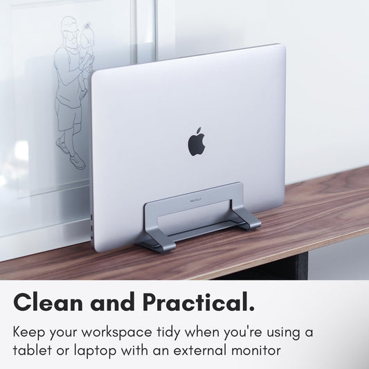 Macally Vertical Laptop Stand frees up desk space and adjusts to fit various laptops such as Apple MacBook, Asus Chromebook Flip, Samsung Notebook 9, Lenovo ThinkPad, Dell XPS, and Acer Switch.